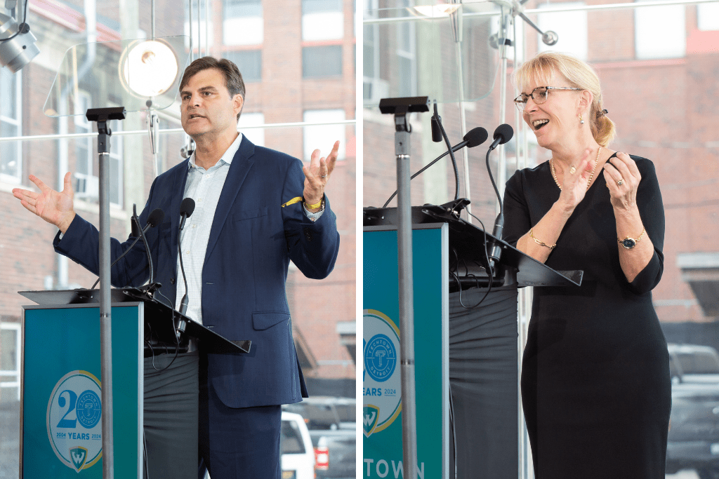 A two-photo collage of Ned Staebler and President Espy speaking into a microphone and standing behind a podium on an atrium stage